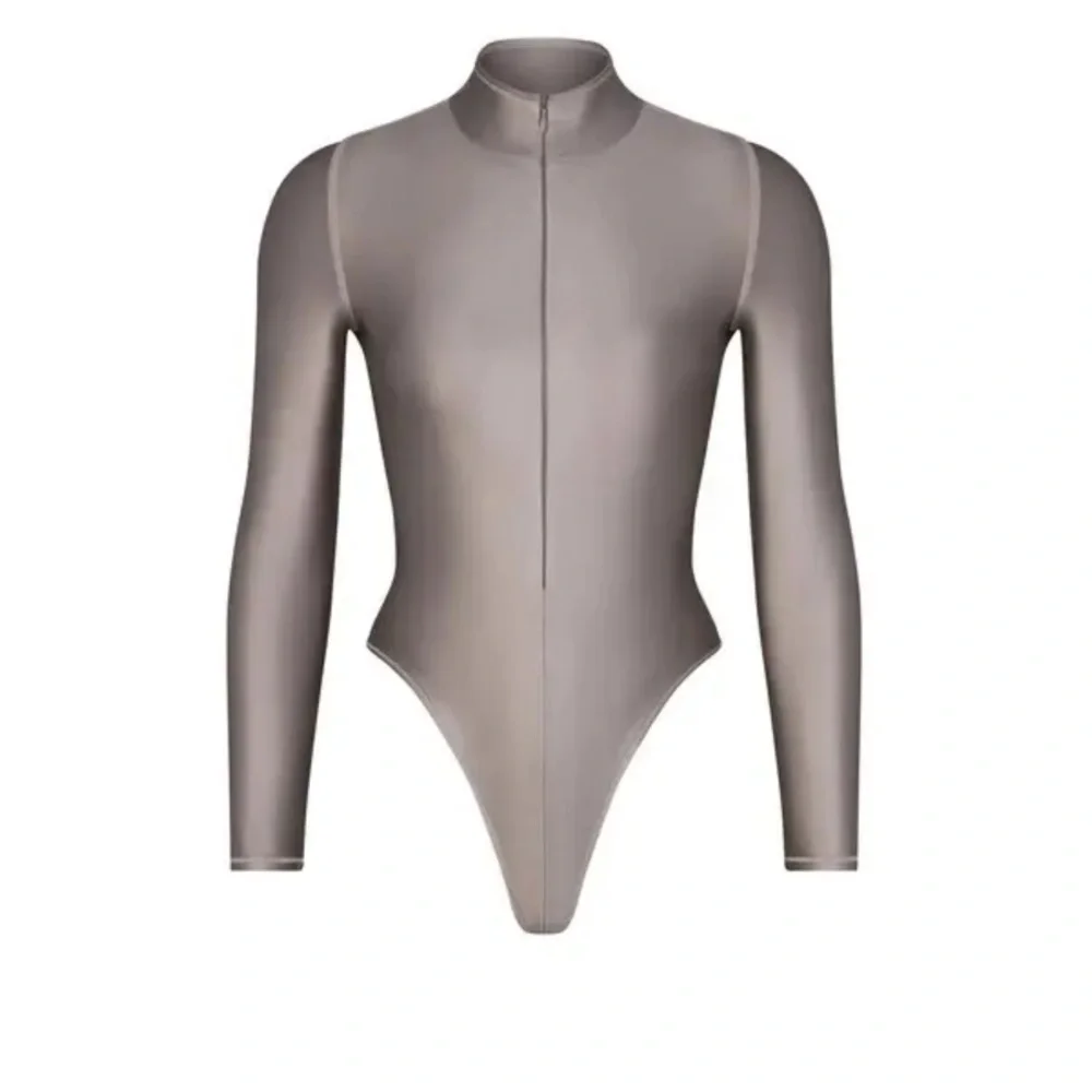 Skims shine swim zip front long sleeve one piece smoke medium nwt 🩶